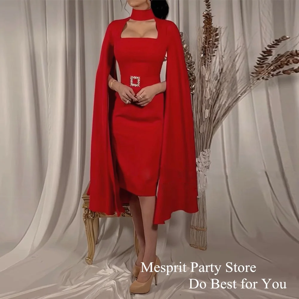 

Simple Red Cocktail Dress Sqaure Neck Long Slit Sleeves Knee Length Sheath Arabic Party Gown for Holiday Short Prom Dresses