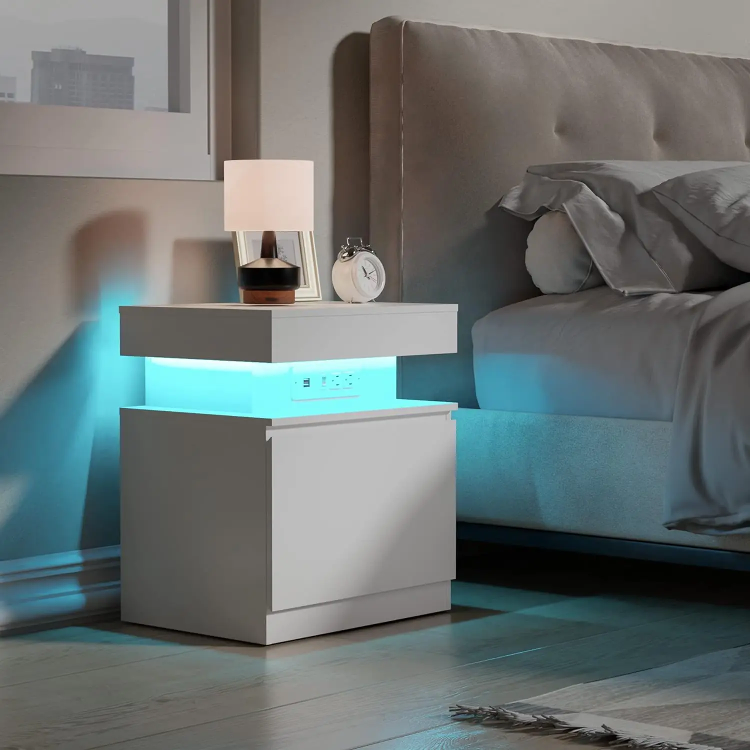 White LED Nightstand, Small Bedside Table with LED Lights and Charging Station, End Table with Door for Bedroom