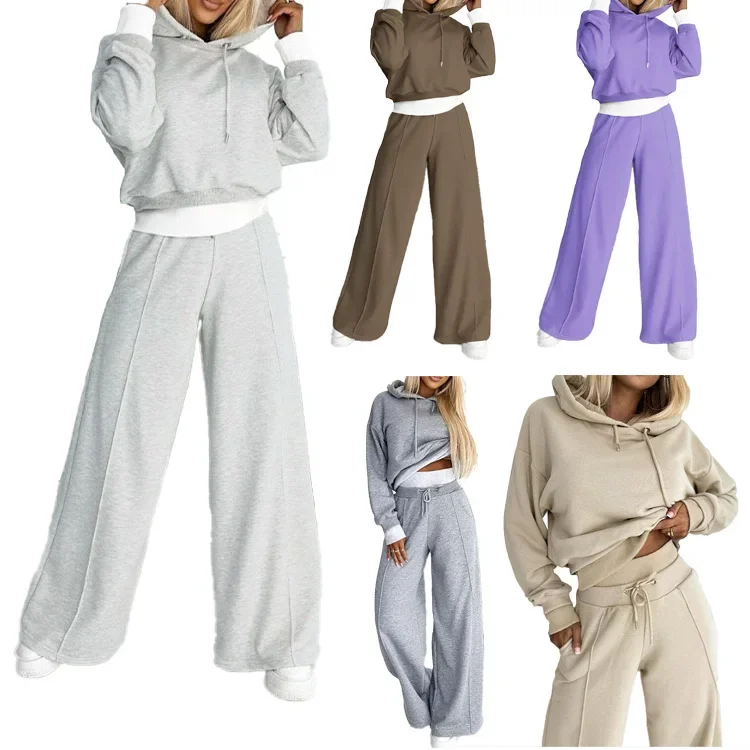 

Autumn Winter Women Two Piece Sets Hooded Loose Solid Full Sleeve Tops Wide Leg Long Pants Set Solid Splice Elastic Waist