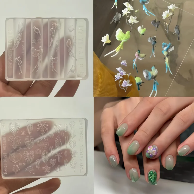 열대 숲 테마 네일 아트 몰드 3D 새 잎 디자인 투명 실리콘 몰드 네일 장