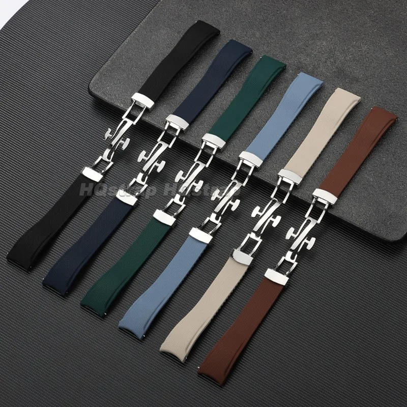 Enhanced FKM Curved End Rubber Watch Strap with Quick Release Deployment Buckle - Waterproof Fluororubber Bracelet