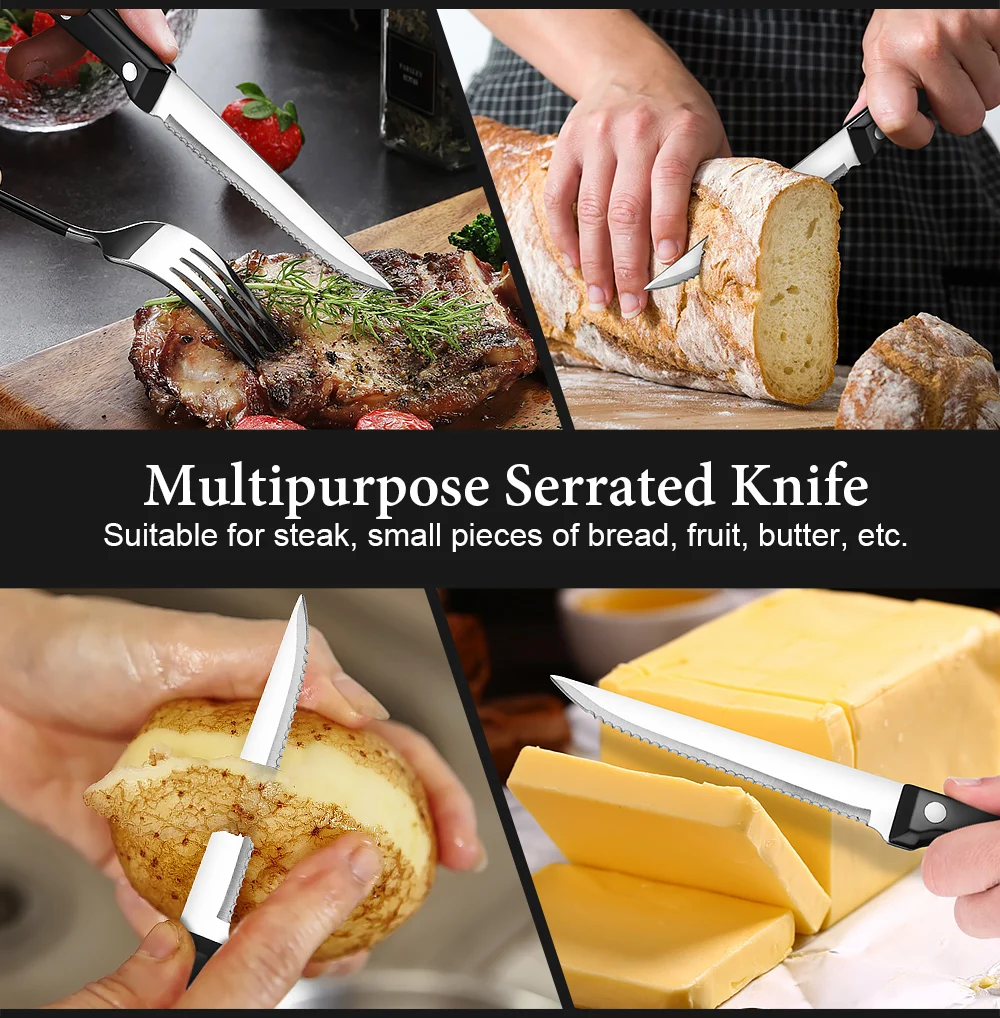 Description Picture 3 of itemXITUO 6-12pcs Steak Knives Set Full Tang Stainless Steel Sharp Serrated Dinner Knives Set Outdoor BBQ Knife Cut Meat Bread knife