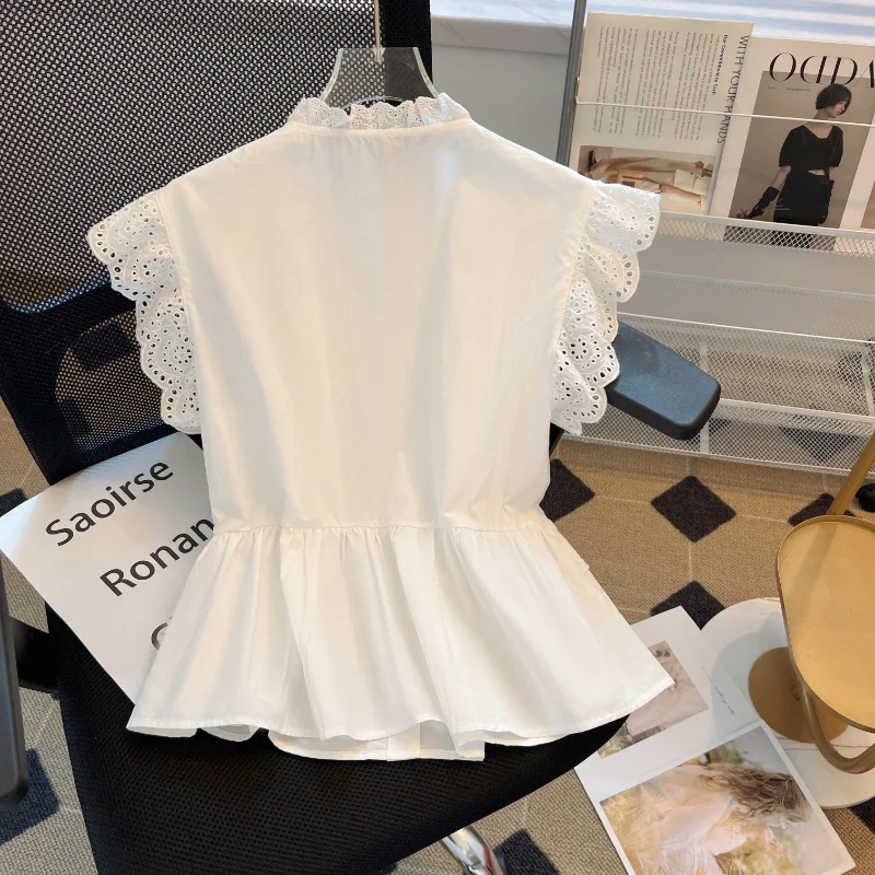Fashion Flying Sleeve White Shirts Vintage Sleeveless Ruffled Lace