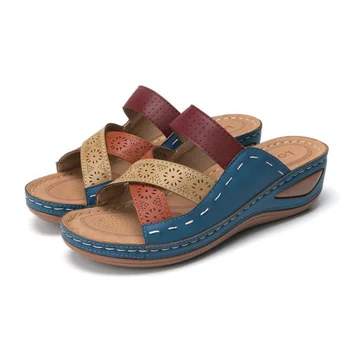 2026 Women Wedges Slippers Summer New Orthopedic Open Toe Sandals Vintage Leather Casual Female Platform Slippers Slides 35-43 1
