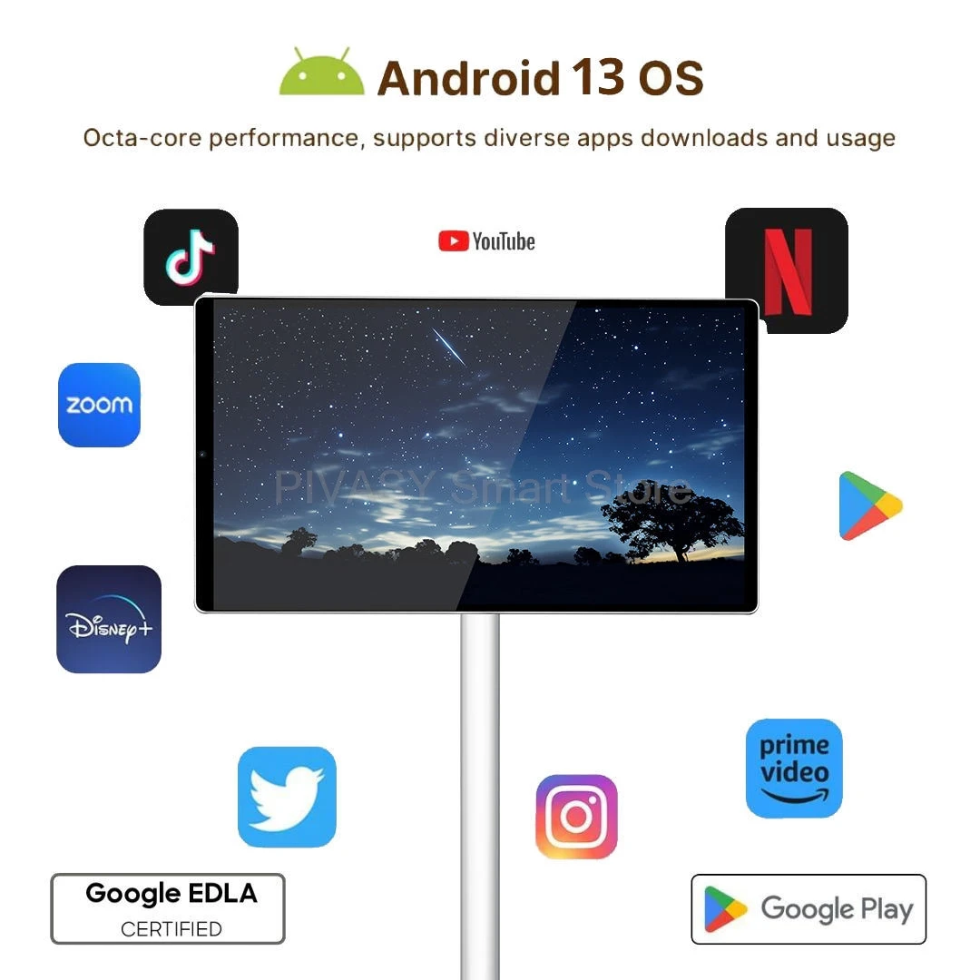 Touch Screen 21.5 Inch Android 13 systems Smart TV 6000mAH Battery-power 6+128G device Rotatable Movable Monitor for Gym Live