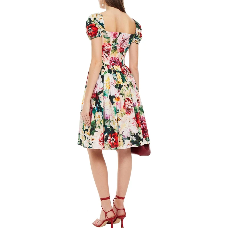 2022 Summer New Poplin One Word Neck Flower Print Puff Sleeve Dress Women's High Quality Fashion Lace Up Waist A-LineShort Skirt