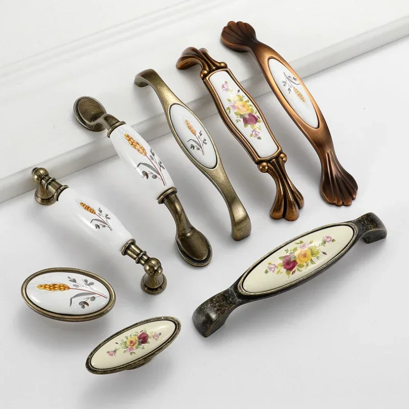Vintage Ceramic Handle Antique Bronze Cabinet Pull Knob Wardrobe Closet Cupboard for Furniture Hardware Accessories Door Handles
