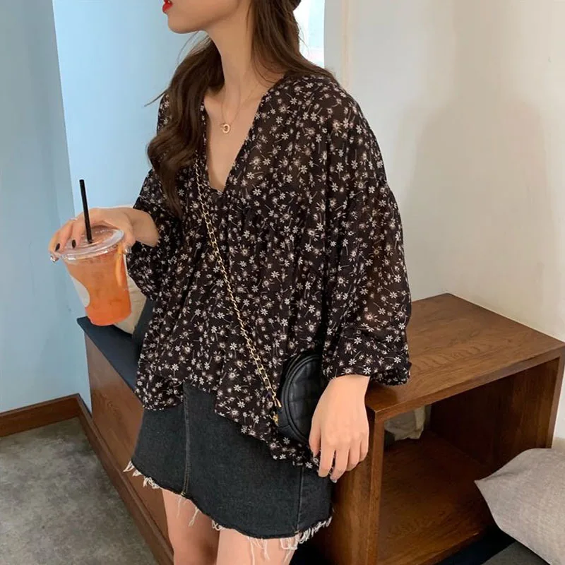 V-neck Chiffon Shirt Women Sweet Tops Blouse 2025 Spring Korean Floral Print Long Sleeve Casual Loose Slim Lady Clothes New 9307 4