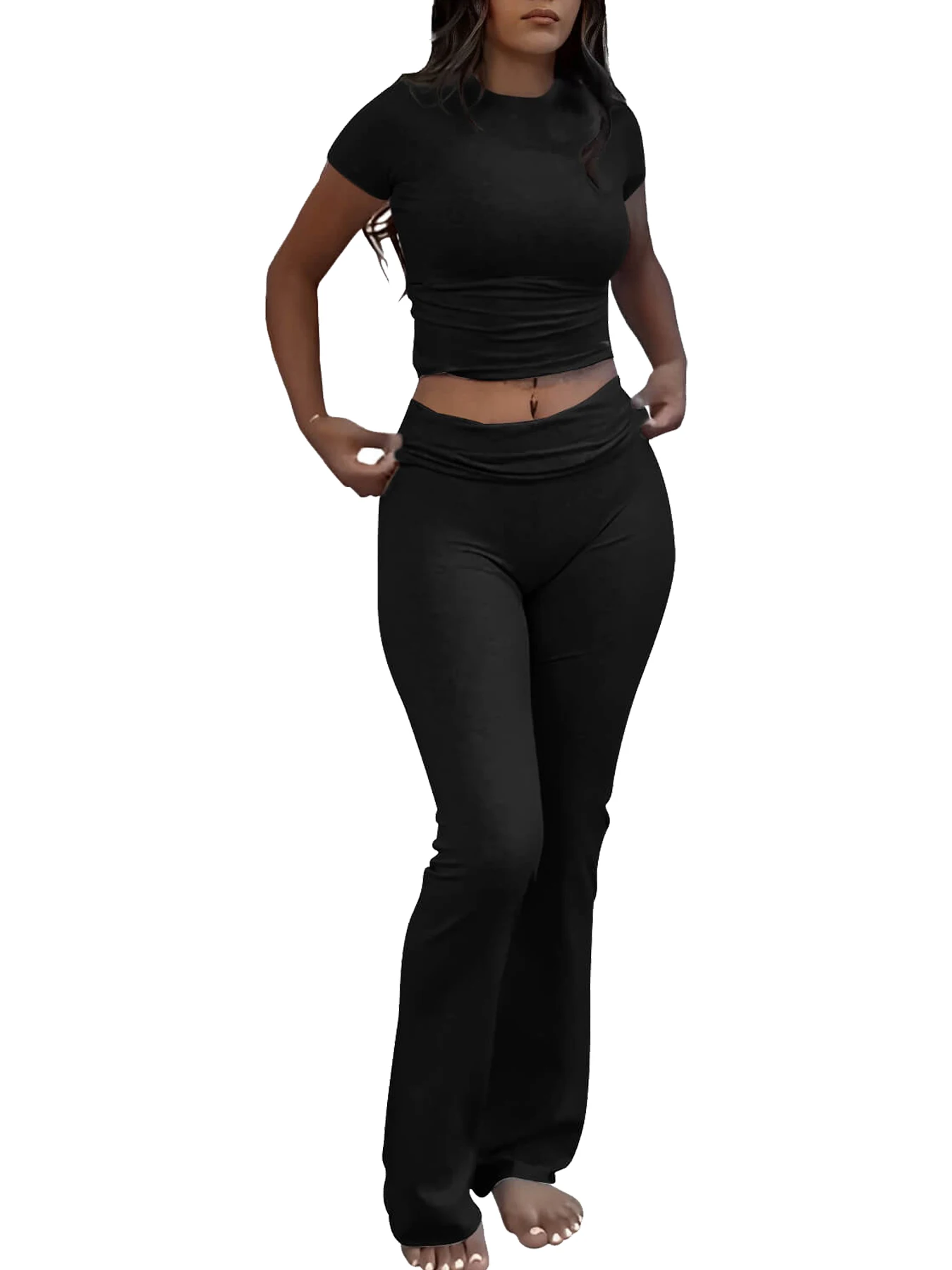 Casual Workout Two Piece Outfits for Women Short Sleeve Crop High Waist Foldover Flare Pants Tracksuit Sets Streetwear - 5