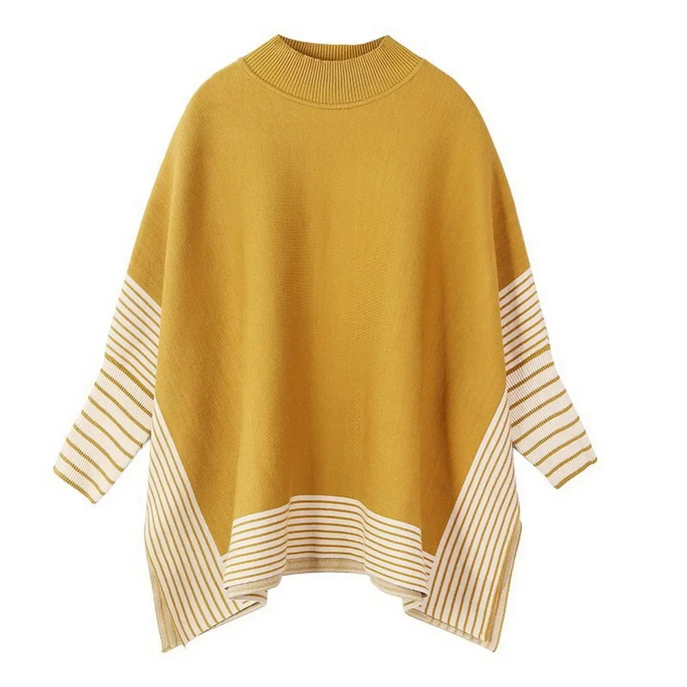 Women's Winter Cashmere Oversize Knitted Striped Split Hem Long Sleeves Sweater Pullover Solid Tops High Street