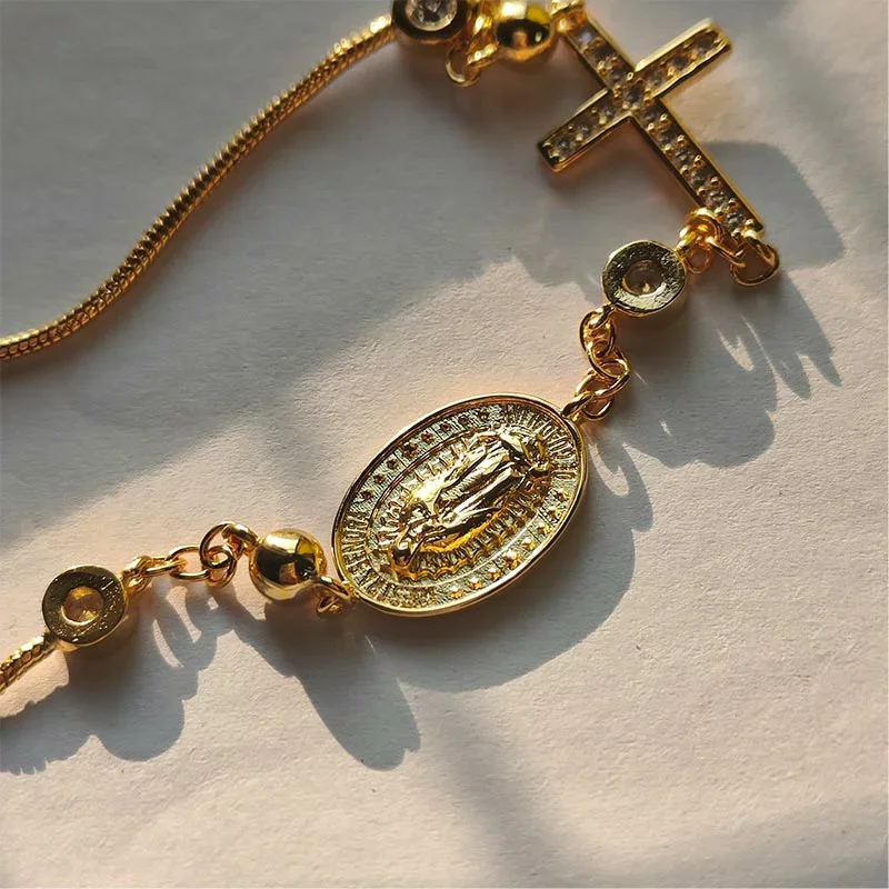 CZ Crystal Bracelet for Women Girls Gold Plated 925 Sterling Silver Religious Cross and Virgin Mary Prayer
