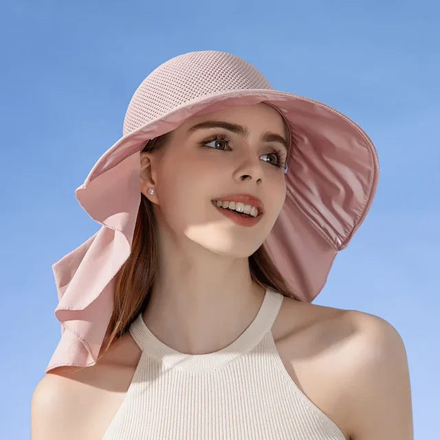 Summer Women Bucket Hat with Shawl Lightweight Breathable Mesh Face Neck Protection Sun Hat Bow Pleat Design Travel Beach Cap 4