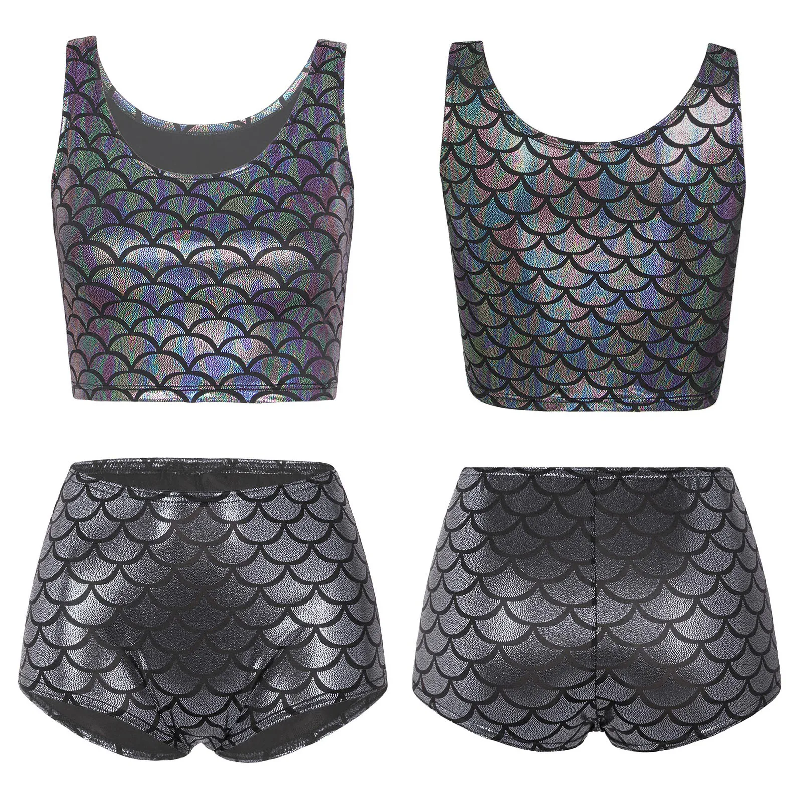 Damen Metallic Meerjungfrauen-Fischschuppen-Bikini Badeanzug Ärmelloses Crop-Top Shorts Zweiteiliger Badeanzug Strand Pool Schwimmanzug – Detail 13