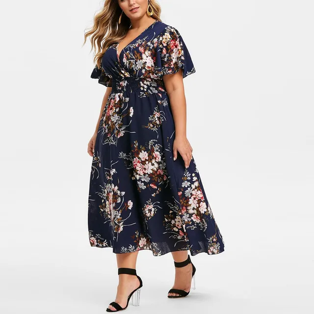 Summer Plus Size Bohemian Long Dress Women Casual Floral Printed V-neck Short Sleeve Casual Floral Beach Party Dress Vestidos 4