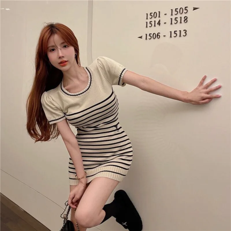 Puff Sleeve Knitted Dress Female Hot Girl Hip Skirt 2023 Summer New Embroidered Striped Wholesale