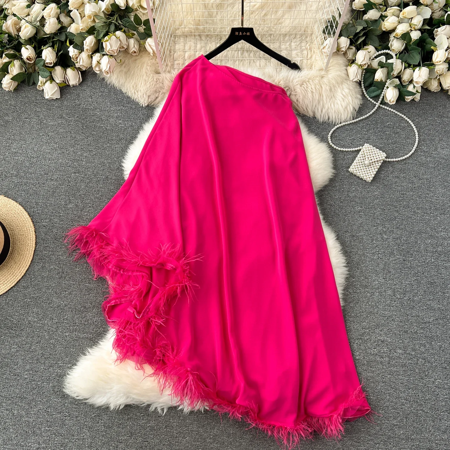 

Women Feather Retro Asymmetric Elegant Chiffon Dress A-line Diagonal Collar Off Shoulder Casual High Waist Ceremonial Dress