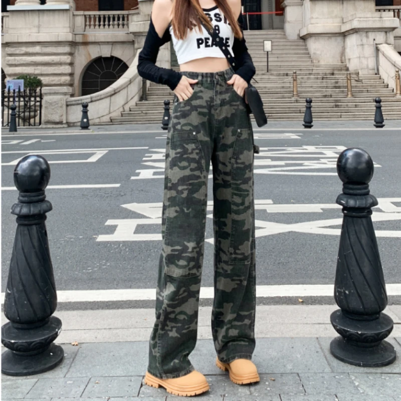 

American Camouflage Denim Pants Women's Autumn New High Waisted Loose Hip-hop Wide Leg Jean Female Y2k Retro Outwear Trousers