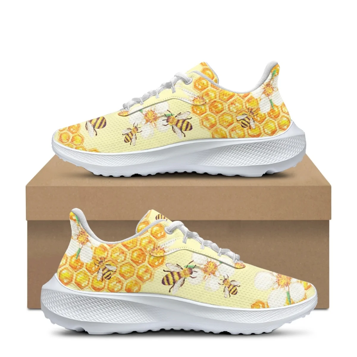 New Honey Bee Cartoon Pattern Spring Autumn Sneakers Outdoor Travel Dirt Resistant Sport Shoes Mesh Shock Absorbing Footwear DIY
