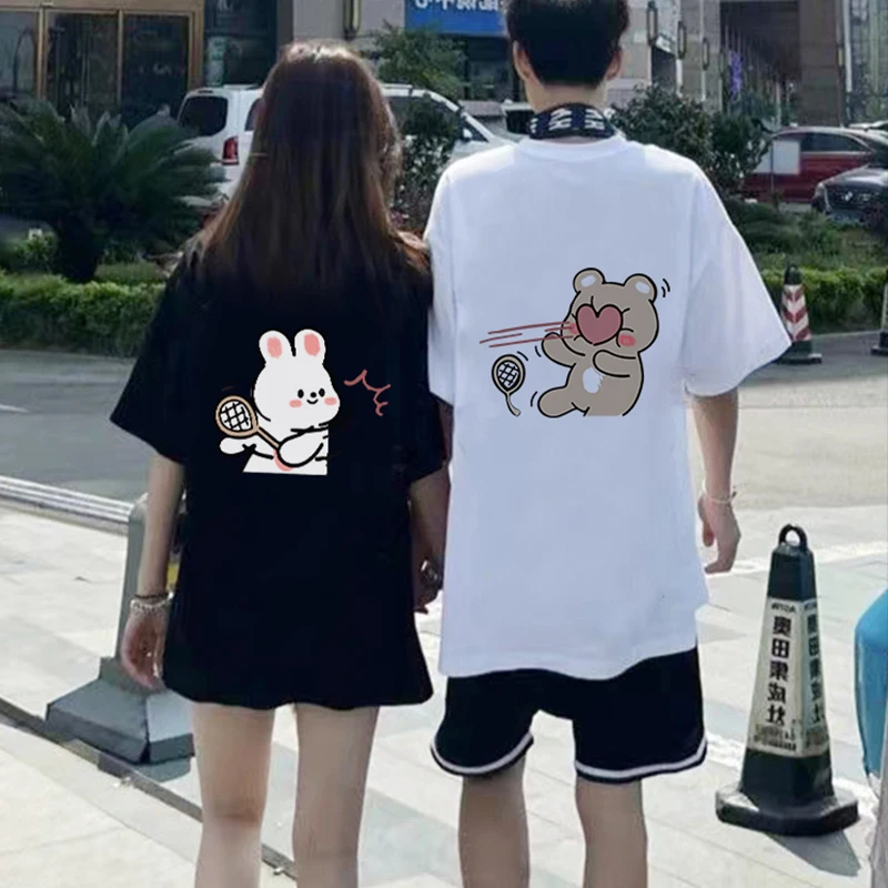 남녀공용 스포츠 곰 프린트 커플 티셔츠, 하이 퀄리티 코튼 티셔츠, 여름 반팔 ..