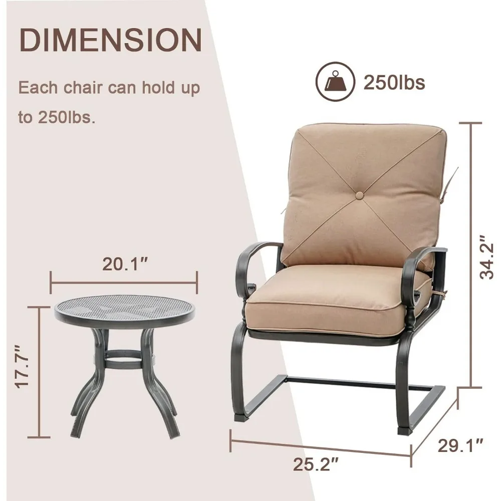 3 Piece Patio Furniture Outdoor Bistro Set Metal Action Lounge Cushioned Chairs and Bistro Round Table Set, Wrought Ir 5