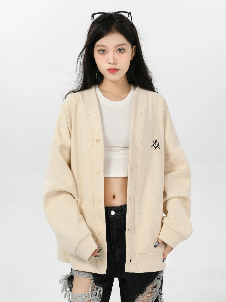 Hooded Sweatshirt Cardigan Women's Light-Colored Fashionable Loose Single-Breasted American V-neck SpringAutumn Long-Sleeved Top