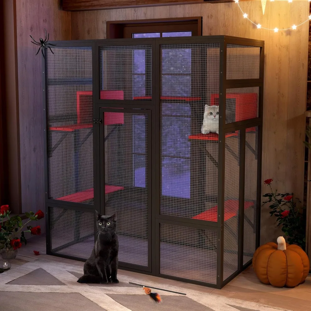 70Inches Large Spacious Wooden Catio Outdoor Cat Enclosure with Perches and Condos, Cat Cage Indoor with Waterproof Roof