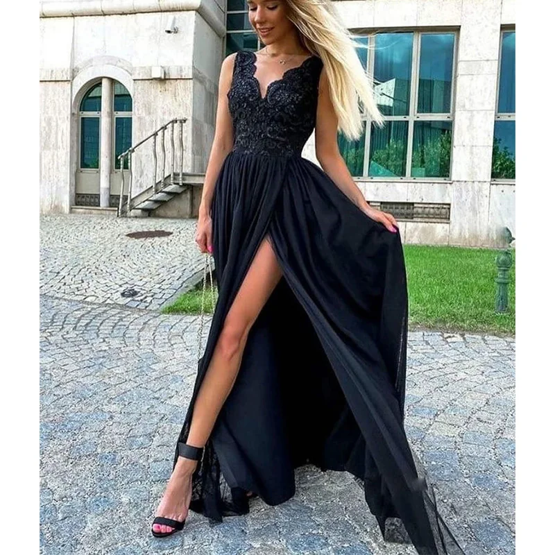

2023 Sexy Black Mermaid Prom Dress Sleeveless Deep V-Neck High Split Evening Party Dress Lace Applique Tulle Vestidos De Noche