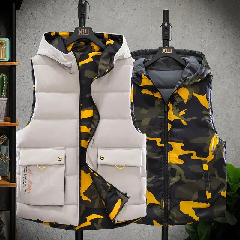 Winter New Style Men's Double-sided Vest Fashion Sleeveless Waistcoat Slimming Warm Youth Down Vest