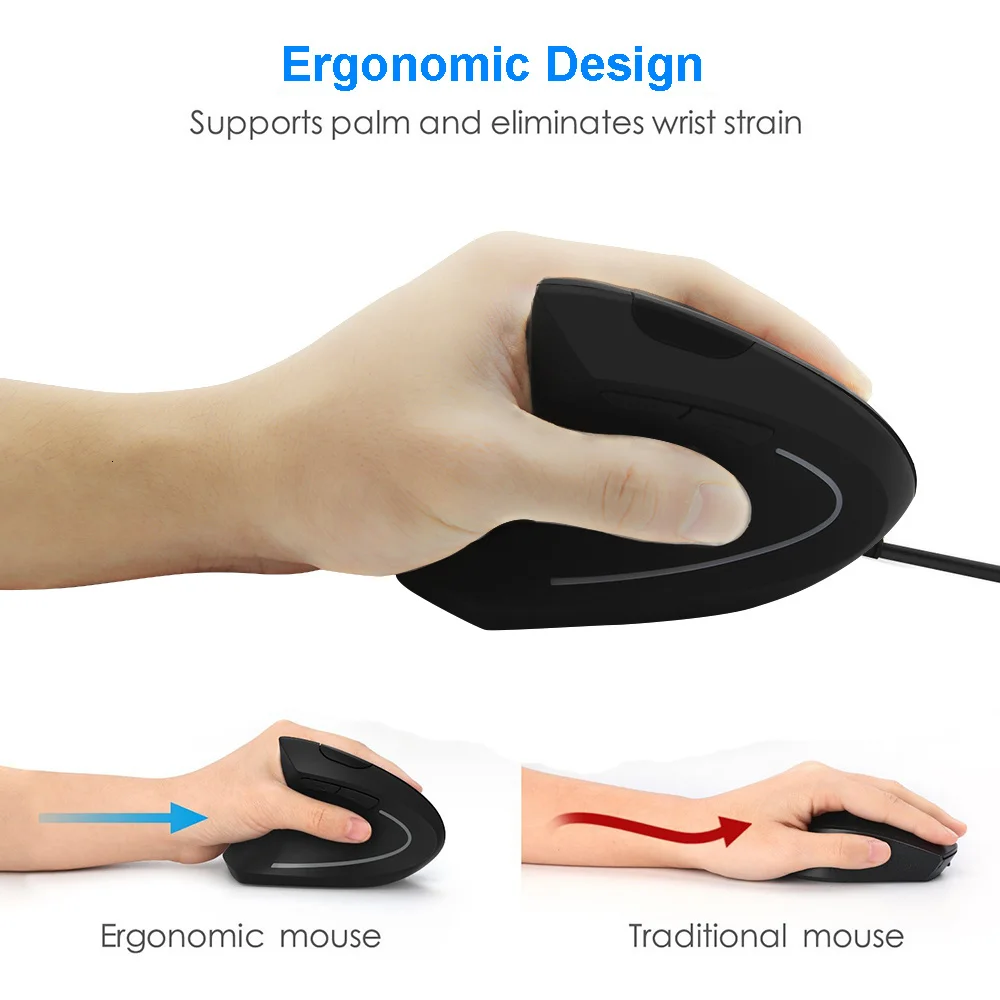 Mouse com Fio Ergonômico Usb da Mão Esquerda Vertical Mouse Óptico Botões Computador Pro 1600dpi Mouse Retroiluminado para Laptop - Imagem 4
