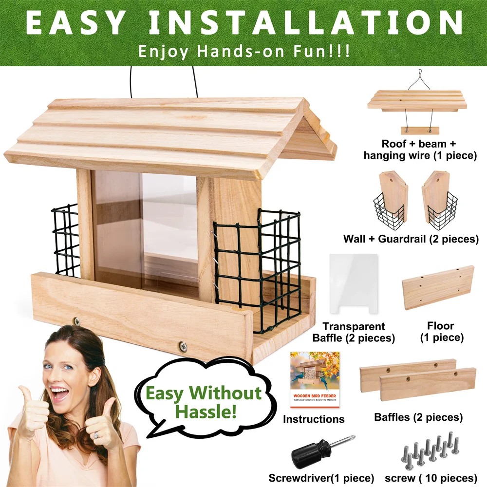 5.5LB Wooden Bird Automatic Feeder Food Feeding Tool Hanging Outdoor Birds Feeder Large Feeding House Large Bird Food Container