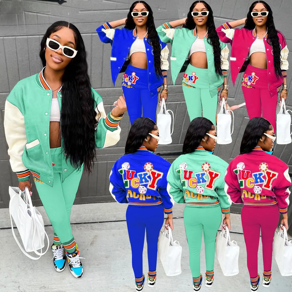 2 Piece Sets Women Outfits Varsity Crop Baseball Jacket 2022 Winter Clothes Outfit Y2K Streetwear Two Piece Set Jogger Tracksuit new men s 2023 spring autumn baseball uniform jackets sets tracksuit top coat pant two pieces suit casual sportwear set clothes