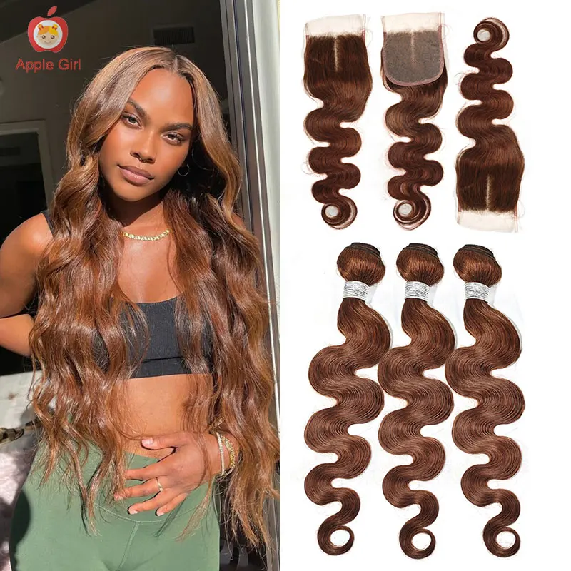

Brown Color Body Wave Transparent Lace Closure With Bundles 30 Inch 3 or 4 Bundles With Closure Applegirl Remy Human Hair