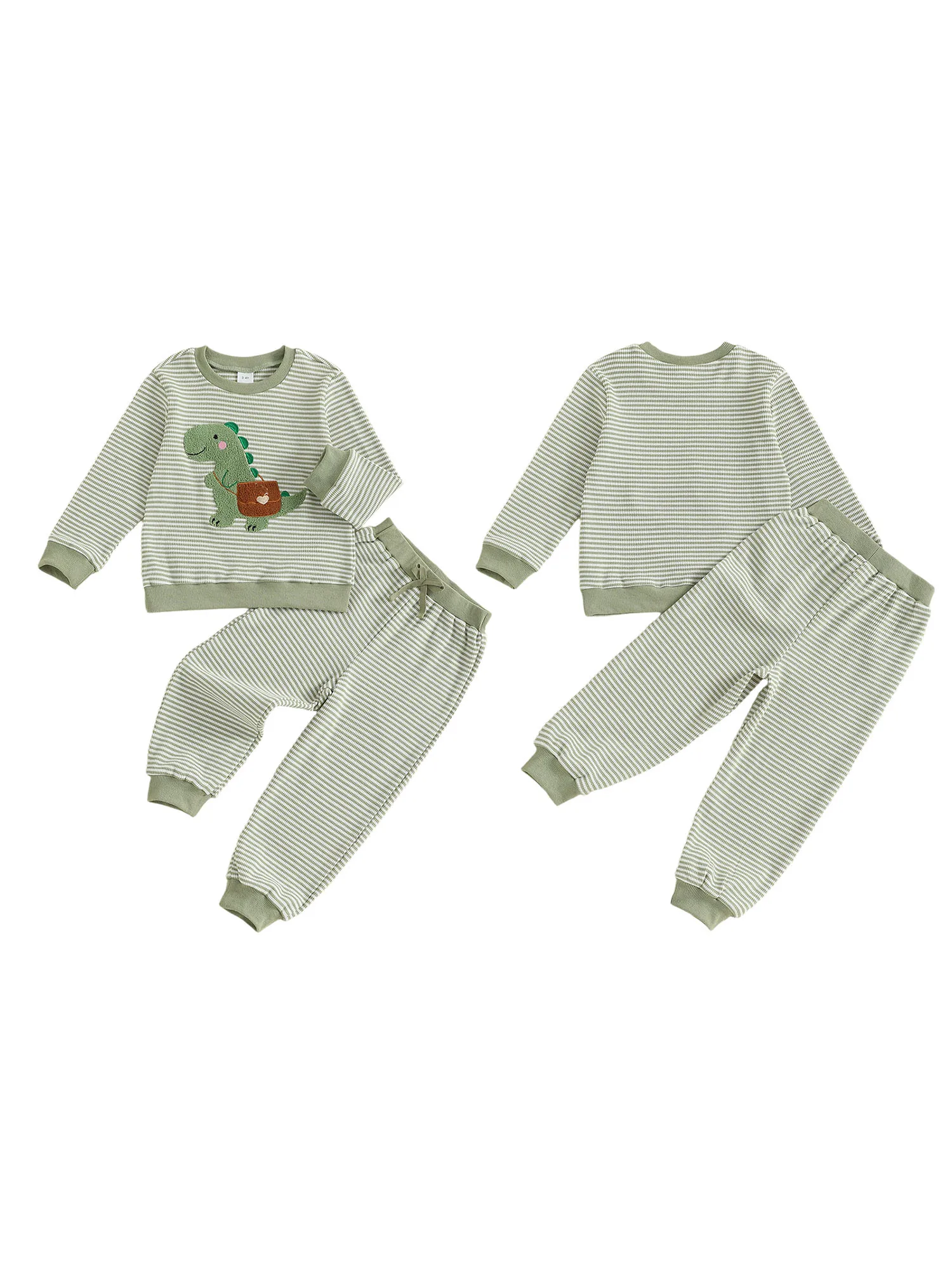Adorable Baby Boy 2 Piece Set with Stylish Long Sleeve Round Neck Dinosaur Embroidery Striped Top and Comfy Elastic Waist Pants