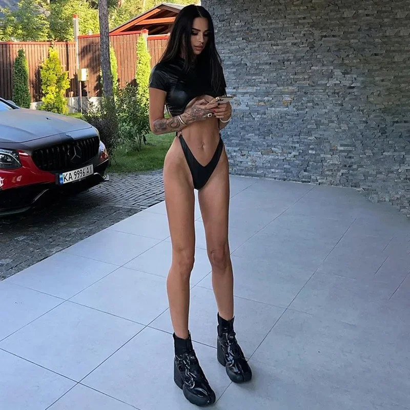 Body sexy de PU, lencería negra, top para mujer, atuendo rave, cuerpo femenino de manga corta, ahuecado, de una pieza, lencería sexy para mujer
