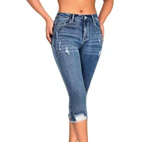 Fashionable Street Style Distressed Jeans Low Waist Slim Fit Cotton Denim mid Stretch Eighteen Shorts Pure Color Spring Season