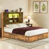 Farmhouse Queen Bed Frame With Bookcase Headboard & LED Lights, Storage Bed with Power Outlets, Rustic Brown 1