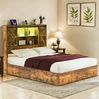 Farmhouse Queen Bed Frame With Bookcase Headboard & LED Lights, Storage Bed with Power Outlets, Rustic Brown 1