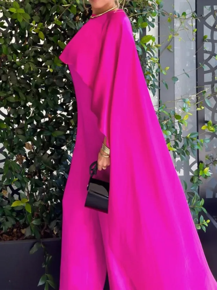 Uoozee Women's Solid Color Cape Style Jumpsuits 2025 New High Waisted Wide Leg Loose Elegant Party Evening One-piece Outfits 3