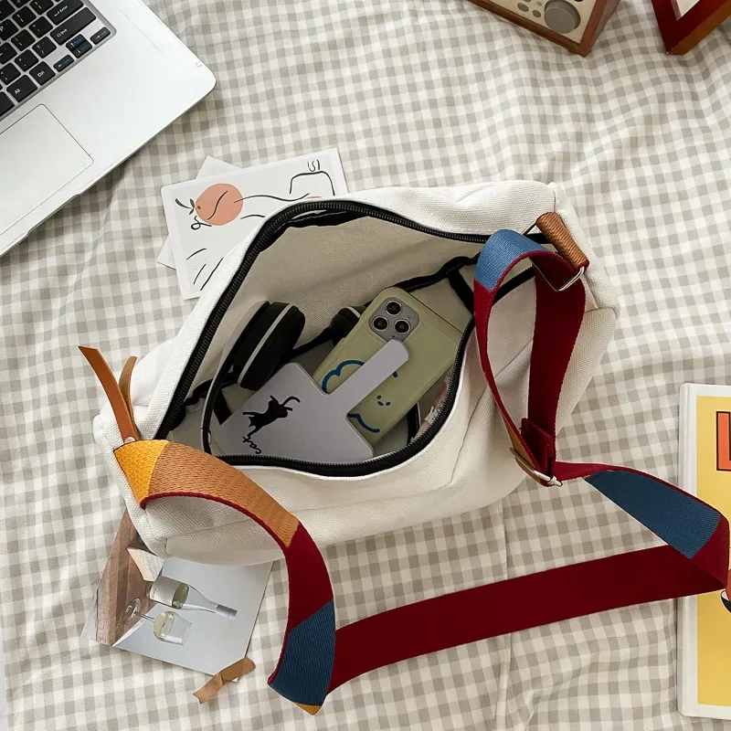 Canvas Shoulder Bag Big Capacity for Women Messenger Bag Female Crossbody Bags Colored Straps Retro Handbag for Student canvas bag women handbags crossbody bags