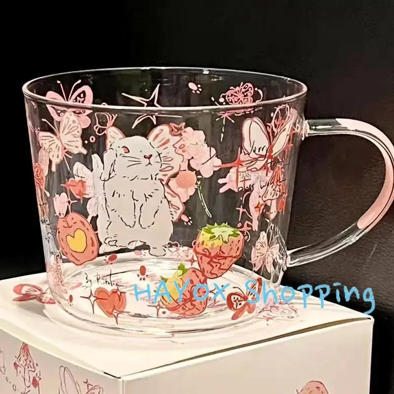 Cartoon Butterfly Rabbit Printing Glass Cup，Borosilicate Glass Heat-resistant Household，Breakfast Cup with Handle Drinking Mug