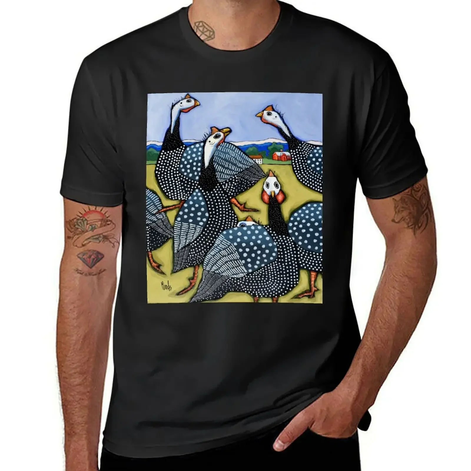 

Six Guinea Fowl T-shirt summer top Aesthetic clothing mens white t shirts