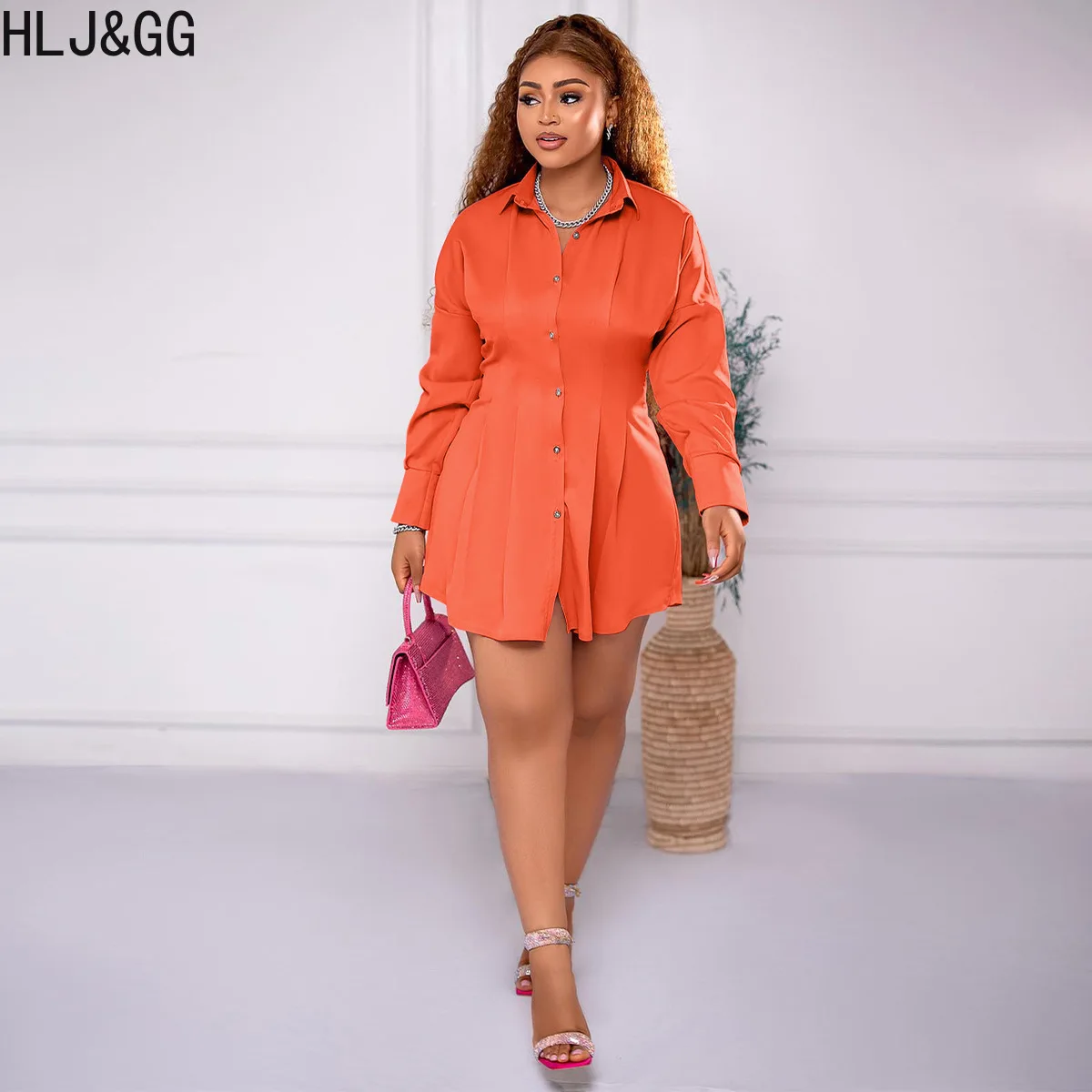 

HLJ&GG Elegant Office Lady Shirt Dresses Women Turndown Collar Long Sleeve Slim A-line Dress Casual Solid Button Mini Vestidos