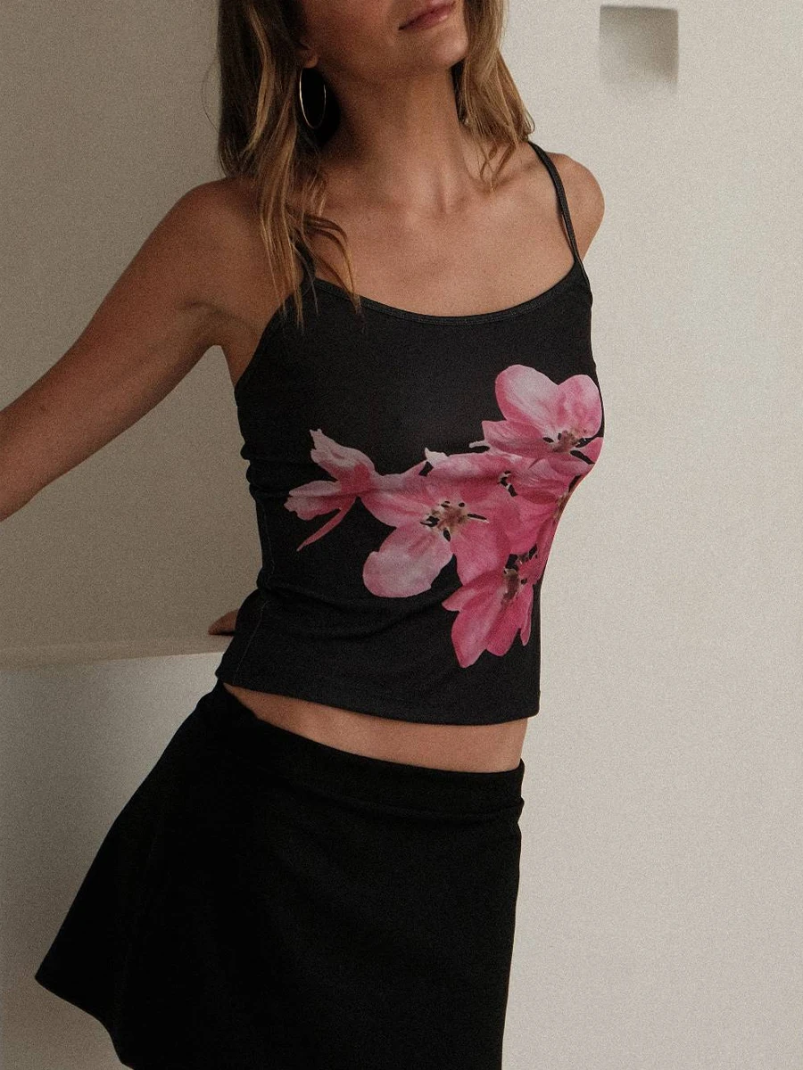 

Женский укороченный топ с цветочным принтом Y2k, летняя Облегающая майка на тонких бретелях с глубоким круглым вырезом, Клубная одежда, уличная одежда