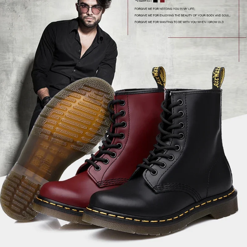 Men Genuine Leather Classic Six Hole Boots Fashion British Style Riding Short Ankle Boots Outdoor Size 35-48 Women's Boot