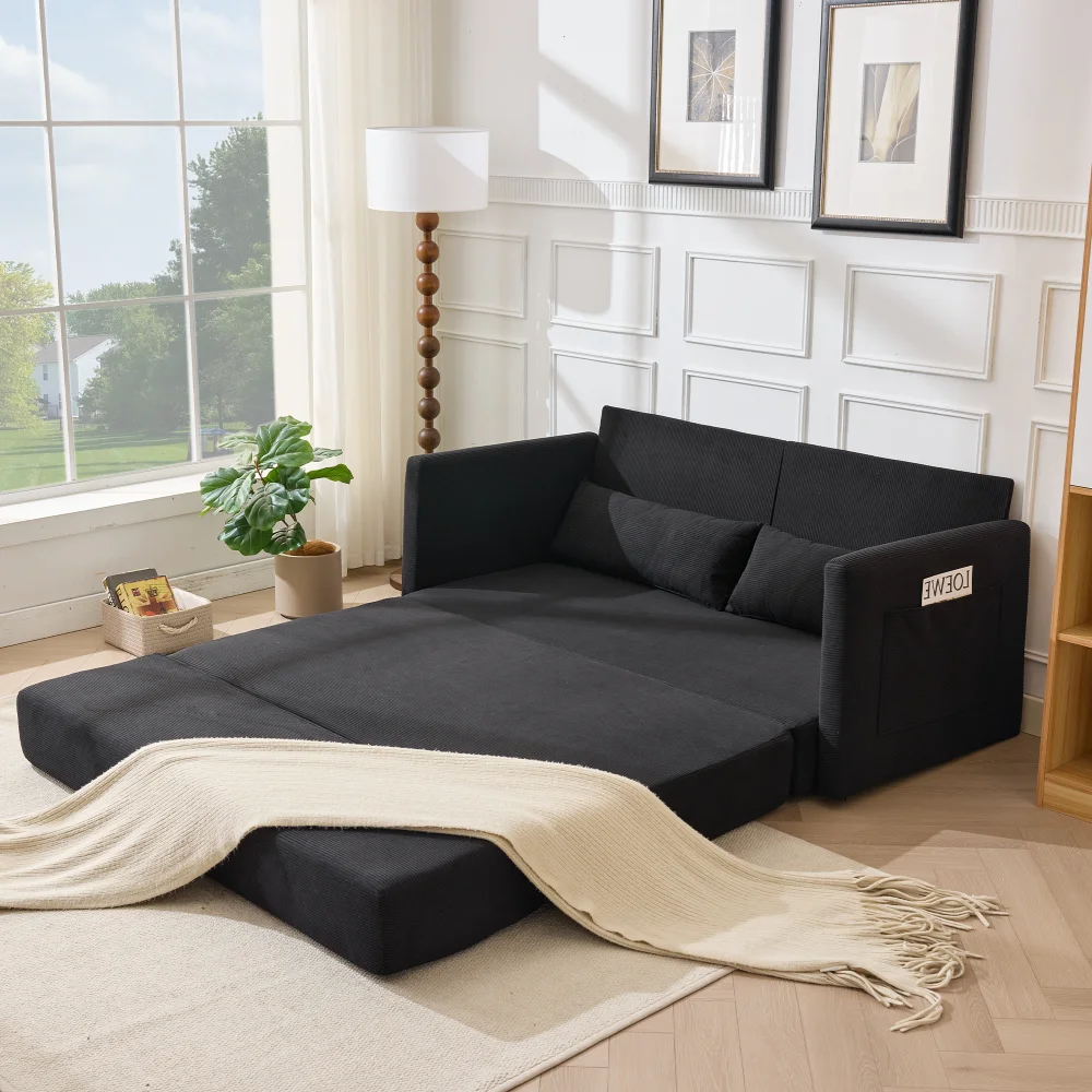2-in-1 Konvertierbares Klappsofa-Bett aus Cord, 2-Sitzer Lounge-Couch mit Lendenkissen & Zeitschriften-Aufbewahrungstaschen, Beige – Detail 32