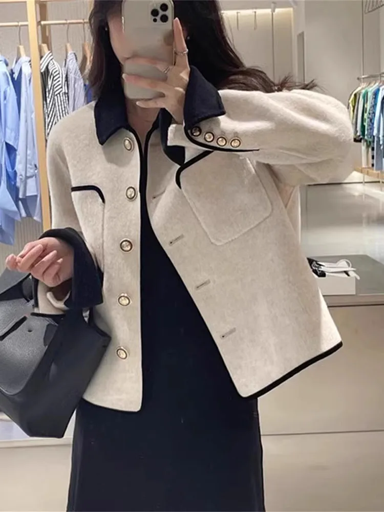 Spring Fashion New Patchwork Reversible Cashmere Clothes For Women Fall Winter Cardigan Long Sleeved Lapel Ladies Woollen Coats