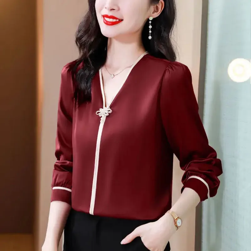 1pcs Women's Blouses Tops 2024 Spring New Fashion Real Silk Fabric Splicing V-Neck Long Sleeve Primer Ladies Skinny Retro Shirts