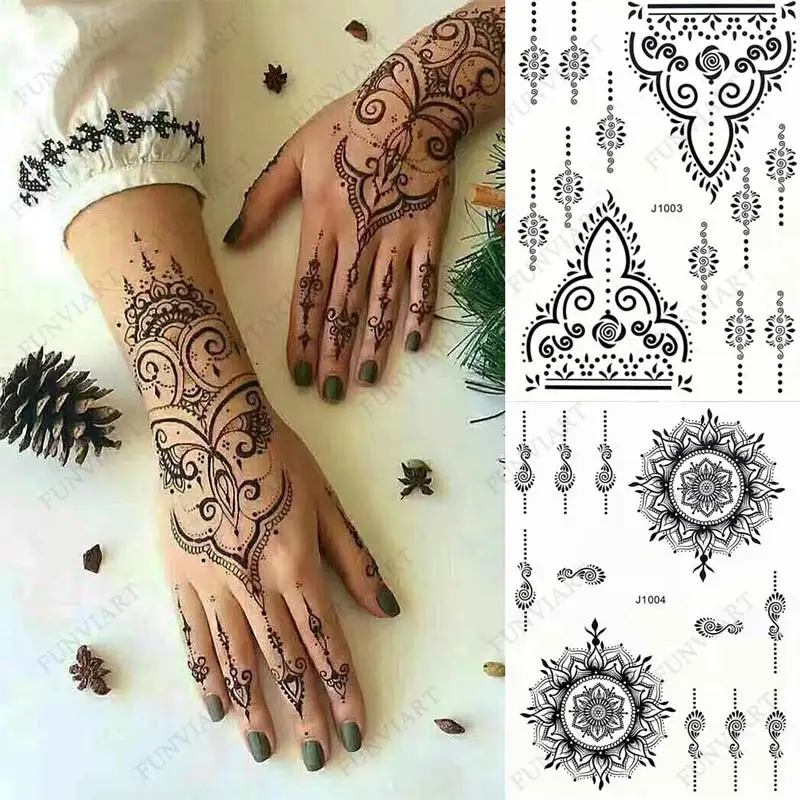 BlackHennaTemporaryTattoosforWomenLaceFlowerMehndiStickerfor