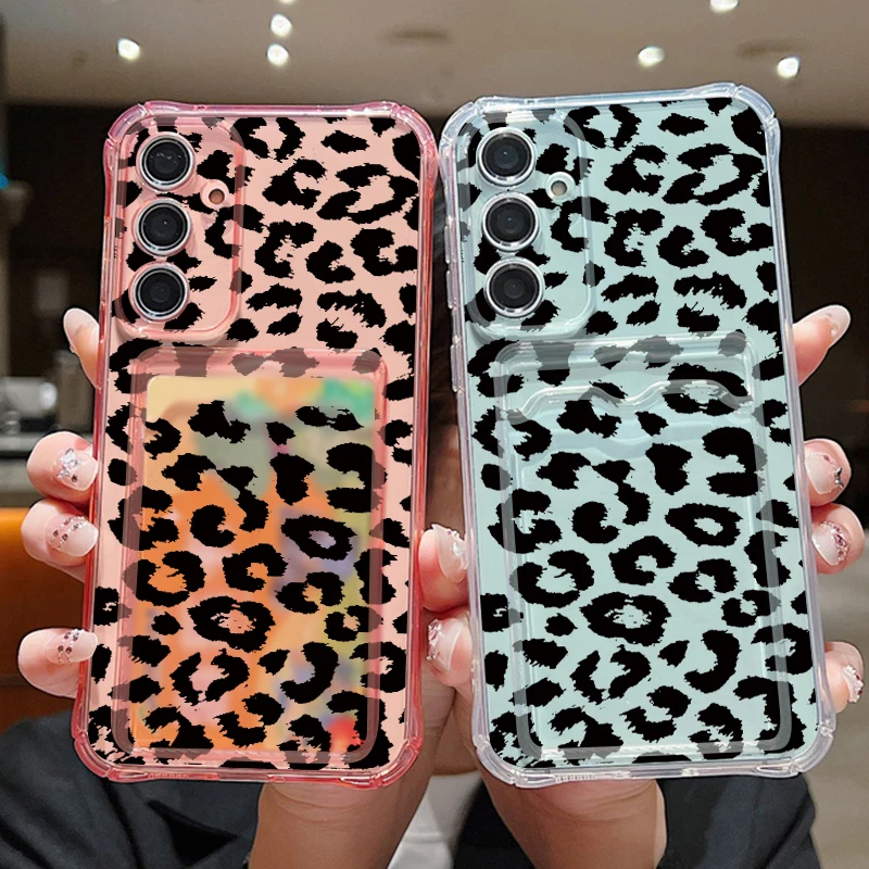 Leopard Print Clear Card Holder Phone Case Cover