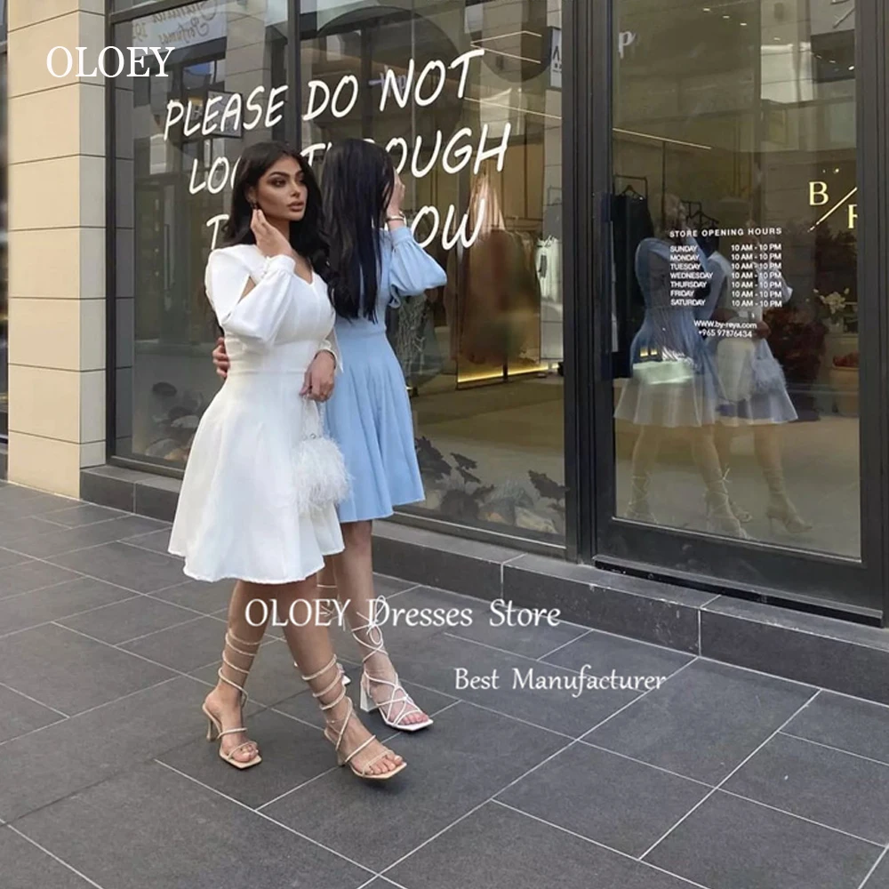 

OLOEY Vintage Simple White Blue Short Party Dresses Saudi Araic Long Sleeves V Neck Chiffon Cocktail Formal Evening Gowns